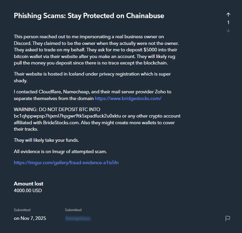 Chainabuse report filed against BridgeStocks.com on November 7 2025