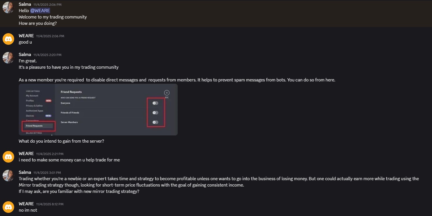 BridgeStocks scammer initial Discord conversation impersonating admin