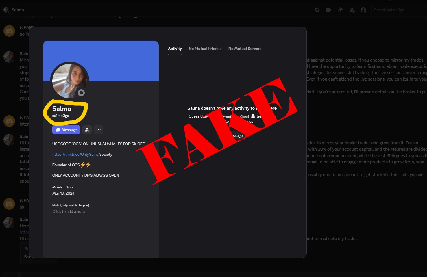 Fake Discord account impersonating admin - username sa1ma0gs with number 1 replacing letter l and number 0 replacing letter o