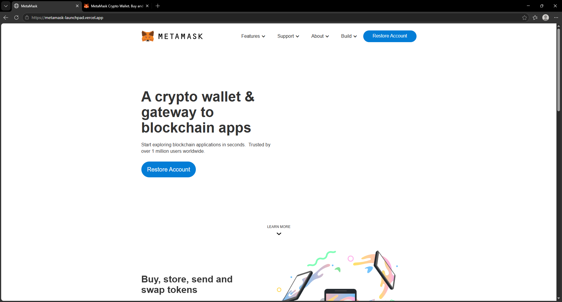 Fake MetaMask website from 2020