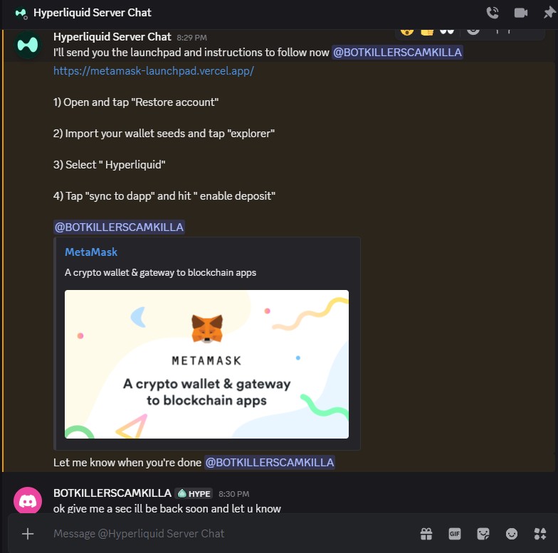 Discord embed showing phishing URL