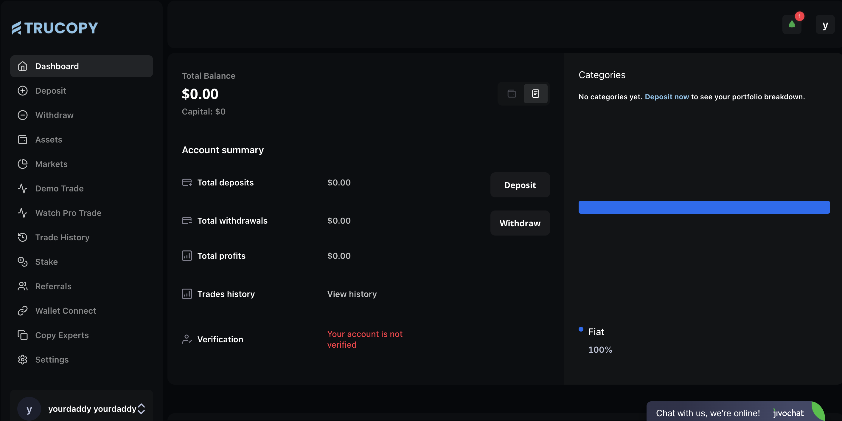 TruCopy scam dashboard - fake crypto trading platform